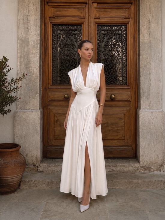 Commense Dresses & Skirts - Commense Deep V High Slit Satin Maxi Dress